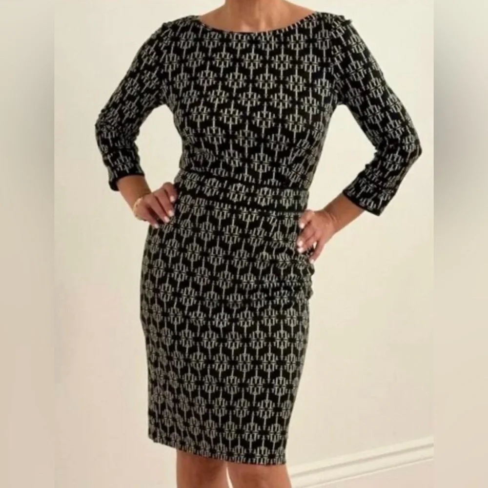 NTM: Tory Burch White Monogram Print Silk Sheath Dress 3/4 Sleeve Size L